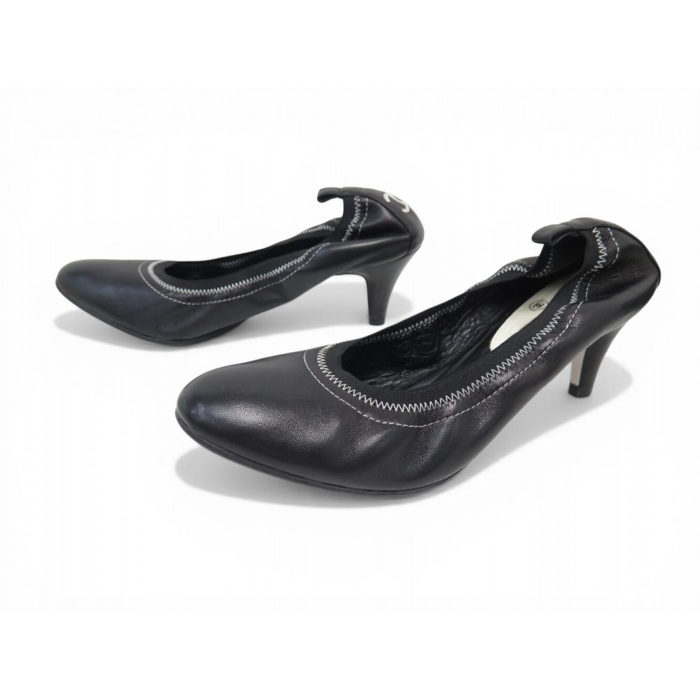 CHAUSSURES CHANEL BALLERINES SOUPLE A TALONS LOGO CC 39.5 CUIR NOIR SHOES 1200€