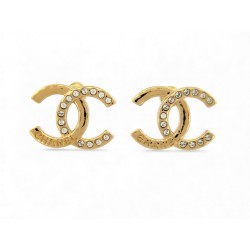 NEUF BOUCLES D'OREILLES CHANEL LOGO CC & STRASS EN METAL DORE GOLD EARRINGS 750€