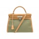 NEUF SAC A MAIN HERMES KELLY 32 SELLIER TOILE CUIR VACHE NATURELLE BANDOULIERE