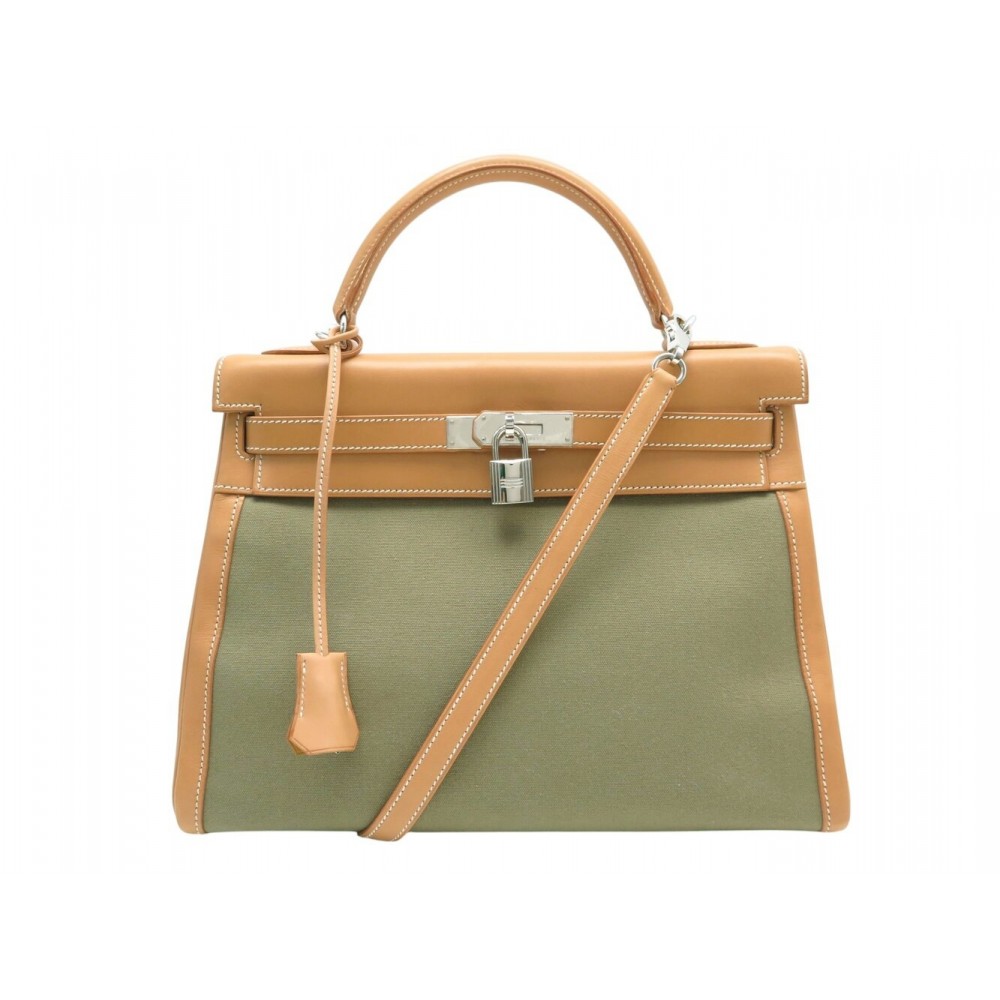 NEUF SAC A MAIN HERMES KELLY 32 SELLIER TOILE CUIR VACHE NATURELLE BANDOULIERE