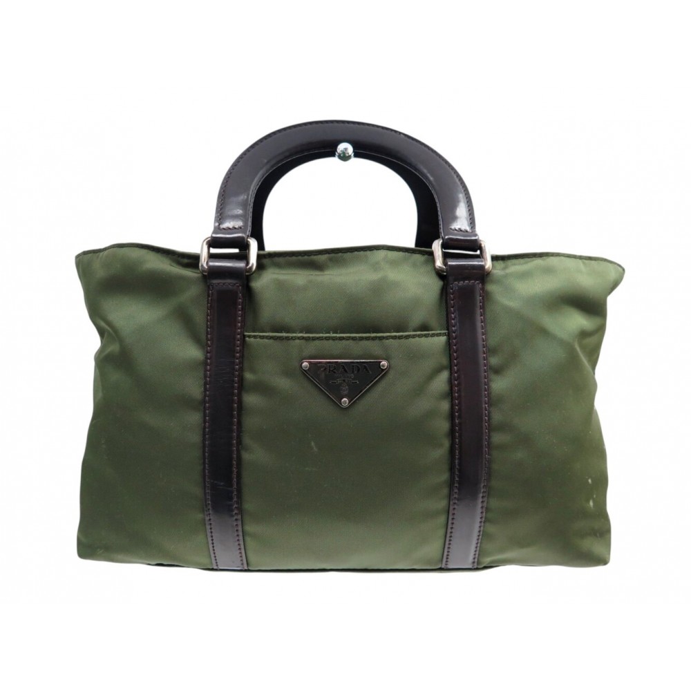 SAC A MAIN PRADA RE-EDITION 2005 EN TOILE KAKI & CUIR MARRON HAND BAG 1500€