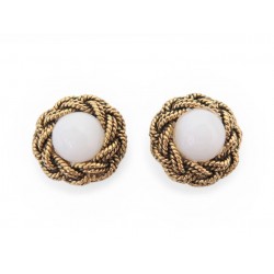 VINTAGE BOUCLES D'OREILLES CHANEL GRANDES PUCES RONDES PERLE METAL DORE EARRINGS