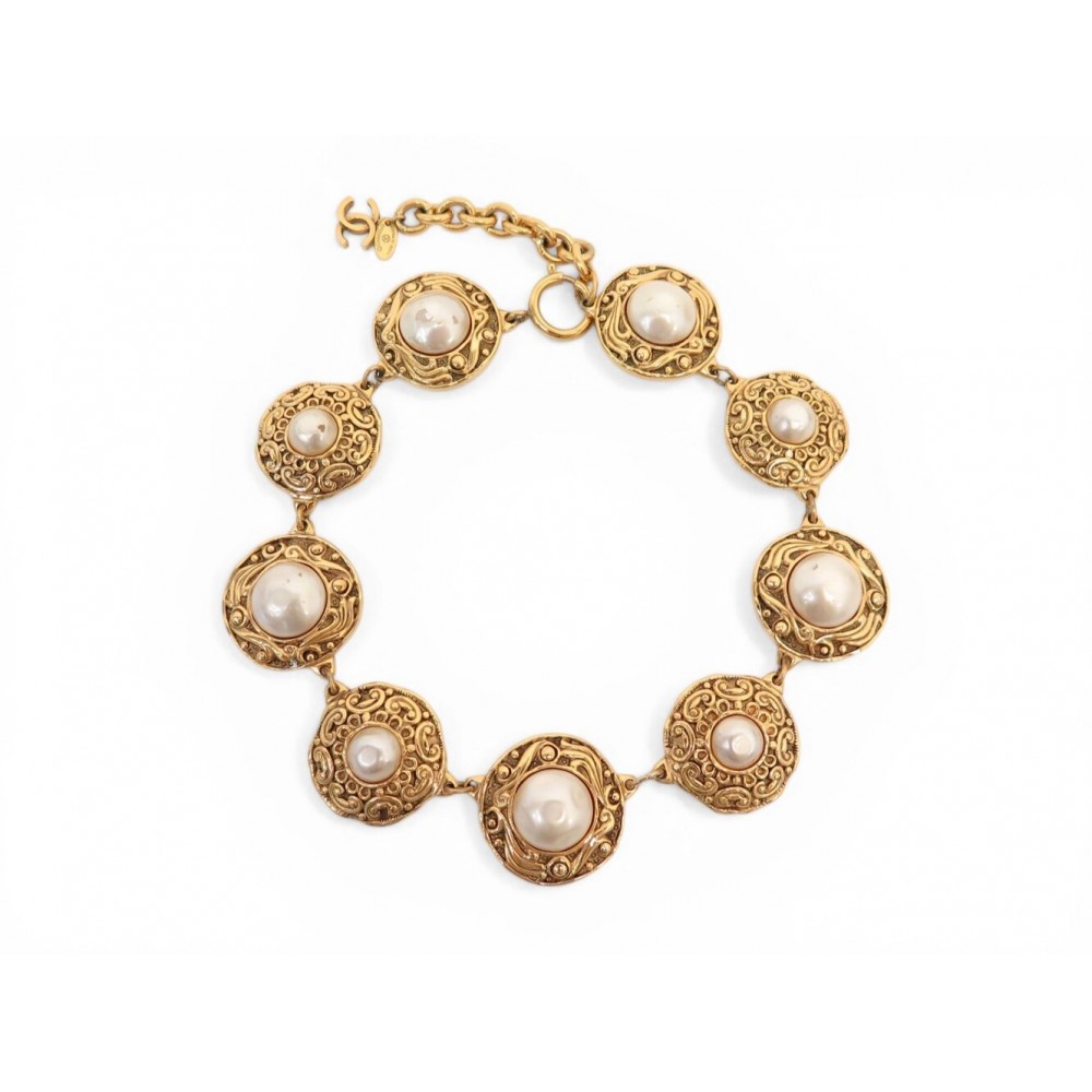 VINTAGE COLLIER CHANEL RAS DU COU MEDAILLONS EN PERLES METAL DORE CHOKER NECLACE