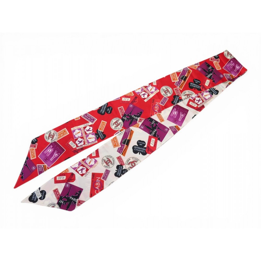 NEUF FOULARD CHANEL SLIM BANDEAU SYMBOLES DES VOYAGES EN SOIE LOGO CC SCARF 360€