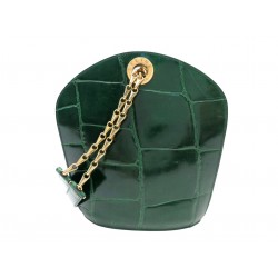 VINTAGE SAC A MAIN CELINE CUIR FACON CROCO VERT BANDOULIERE CHAINE DOREE HANDBAG