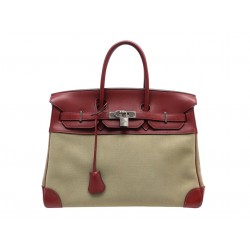SAC A MAIN HERMES BIRKIN 35 TOILE BEIGE ET CUIR SWIFT ROUGE 2007 HAND BAG PURSE