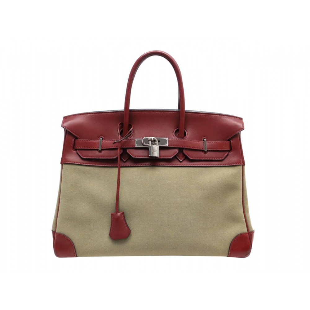 SAC A MAIN HERMES BIRKIN 35 TOILE BEIGE ET CUIR SWIFT ROUGE 2007 HAND BAG PURSE