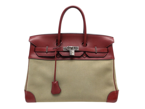 SAC A MAIN HERMES BIRKIN 35 TOILE BEIGE ET CUIR SWIFT ROUGE 2007 HAND BAG PURSE