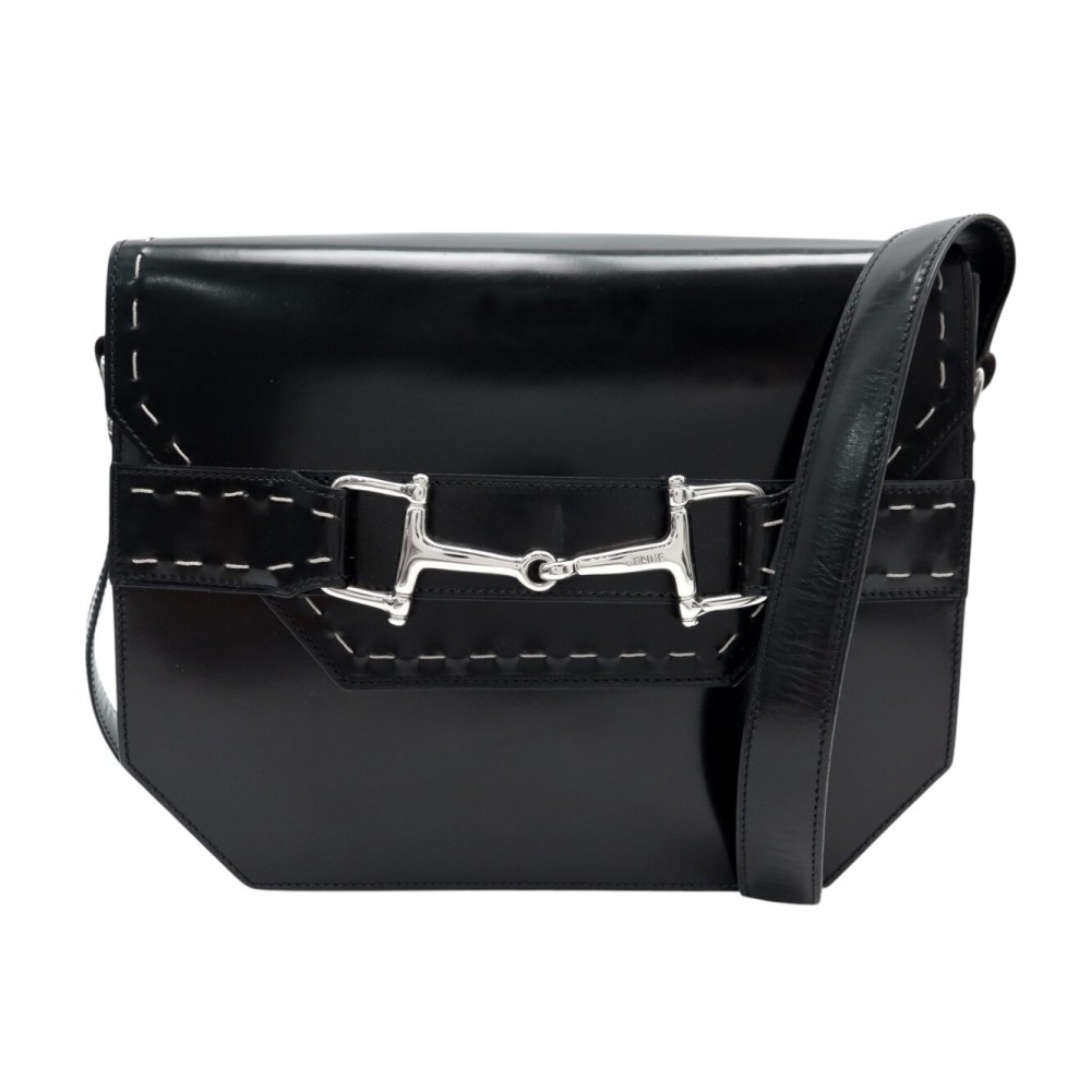 VINTAGE SAC A MAIN CELINE BESACE MORS BANDOULIERE EN CUIR BOX NOIR HANDBAG 2700€