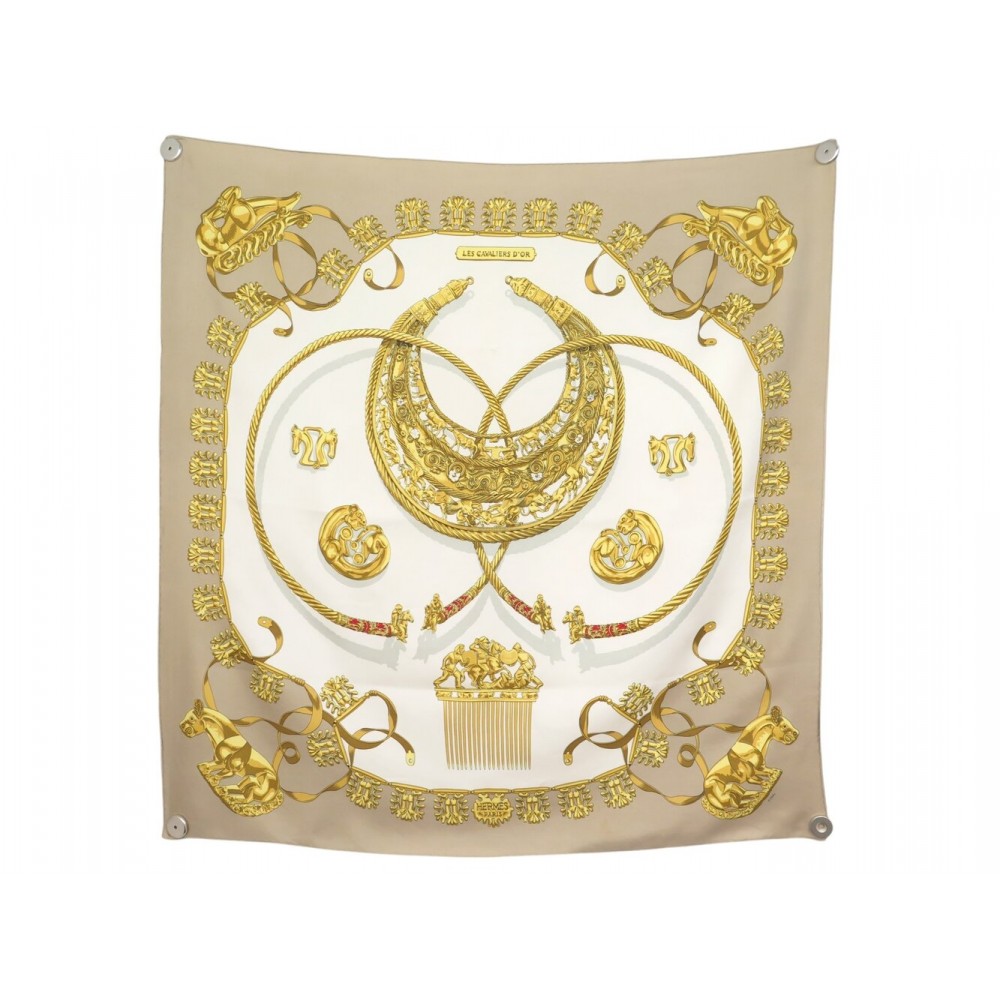 VINTAGE FOULARD HERMES LES CAVALIERS D'OR 1ERE EDITION CARRE 90 SOIE SCARF 580€