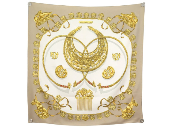 VINTAGE FOULARD HERMES LES CAVALIERS D'OR 1ERE EDITION CARRE 90 SOIE SCARF 580€