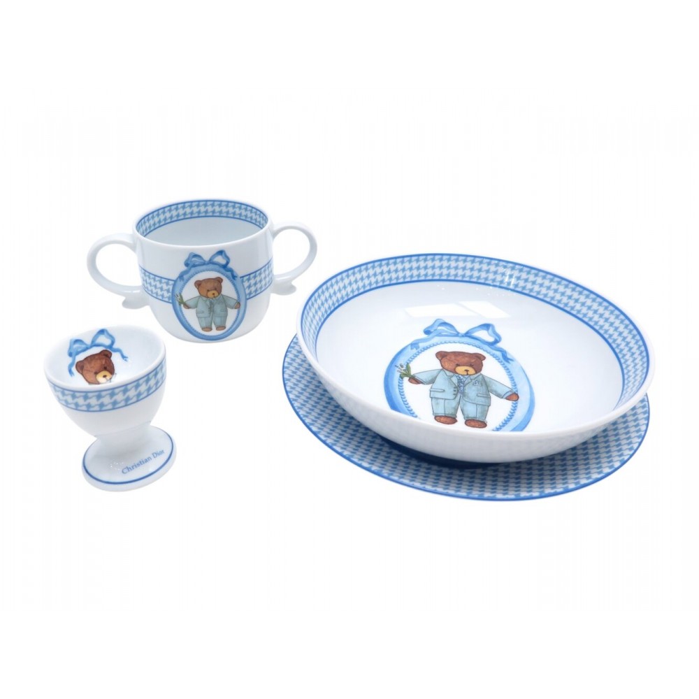 NEUF SET CHRISTIAN DIOR DIORY BEAR 2 ASSIETTES TASSE COQUETIER PORCELAINE BLEUE