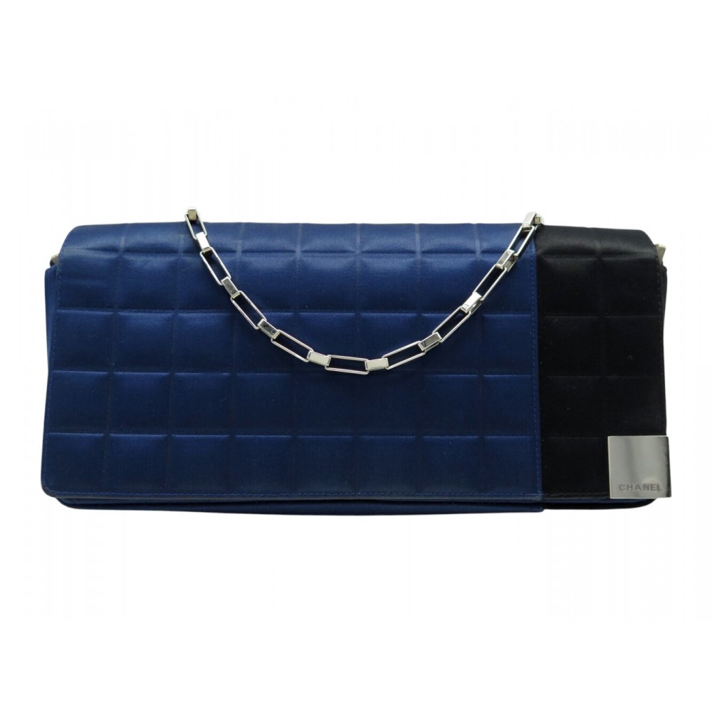 VINTAGE SAC A MAIN CHANEL POCHETTE CHOCOLATE BAR PORTE EPAULE SATIN BLEU HANDBAG