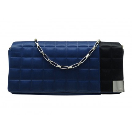 VINTAGE SAC A MAIN CHANEL POCHETTE CHOCOLATE BAR PORTE EPAULE SATIN BLEU HANDBAG