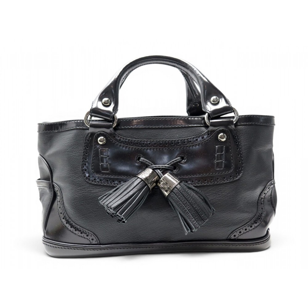 NEUF SAC A MAIN CELINE BOOGIE POMPONS TASSELS CUIR GRAINE & VERNIS NOIR BAG 990€