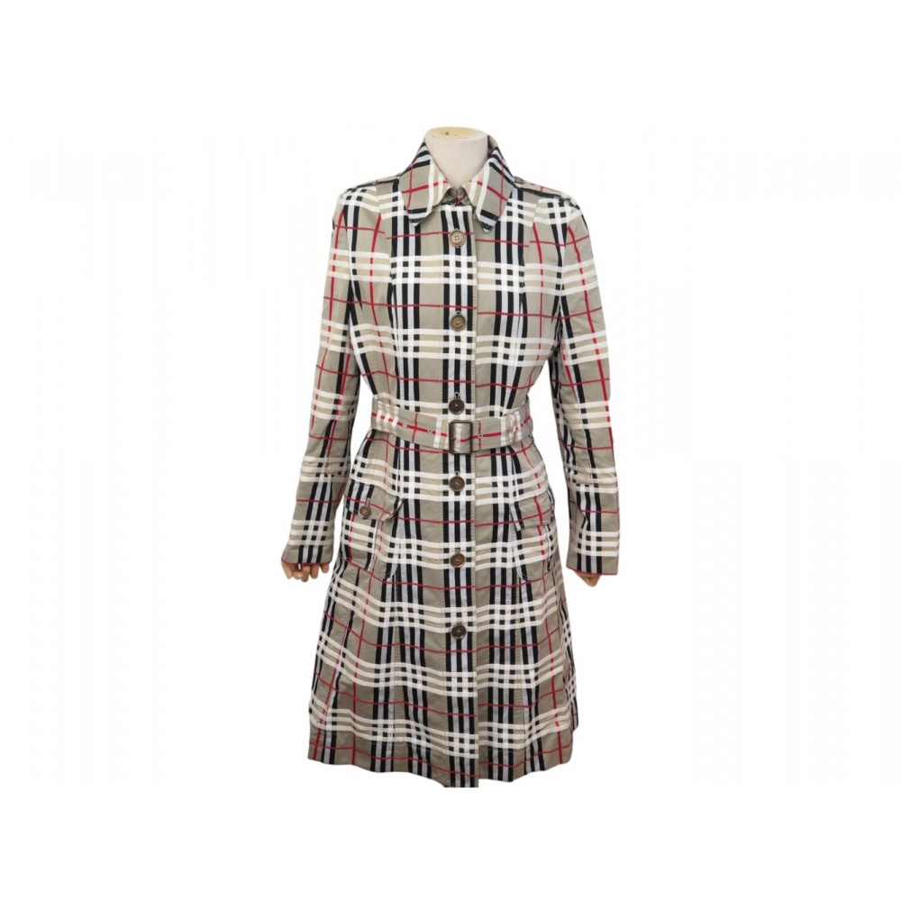 MANTEAU BURBERRY TRENCH MOTIF TARTAN CHECK CEINTURE L 42 COTON BEIGE COAT 2980€