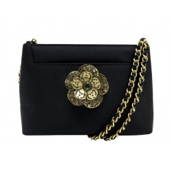 VINTAGE SAC A MAIN CHANEL POCHETTE RABAT BIJOU CAMELIA EN SATIN NOIR EVENING BAG