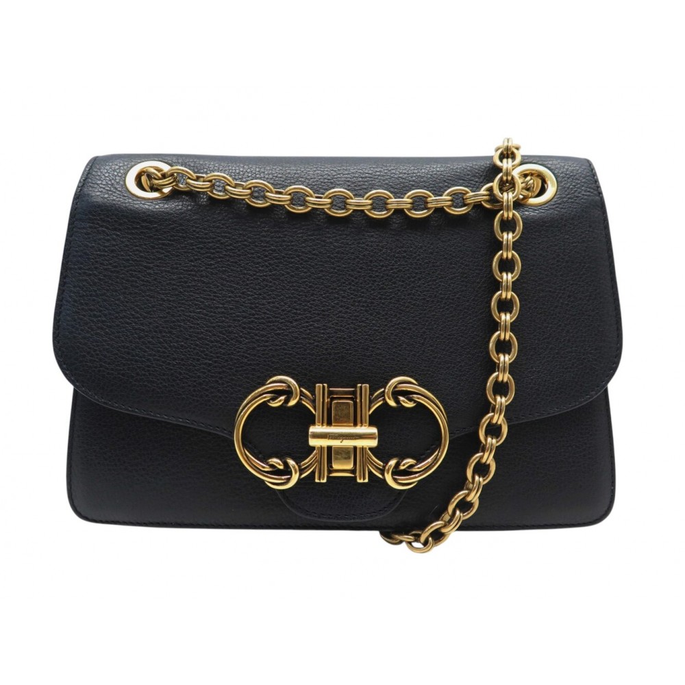 SAC A MAIN SALVATORE FERRAGAMO GANCINI EN CUIR GRAINE NOIR BANDOULIERE BAG 1790€