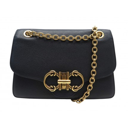 SAC A MAIN SALVATORE FERRAGAMO GANCINI EN CUIR GRAINE NOIR BANDOULIERE BAG 1790€