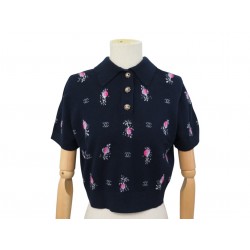 NEUF HAUT CHANEL POLO BOUTONS GRIPOIX M 38 P73882K10582 CACHEMIRE BLEU TOP 3100€