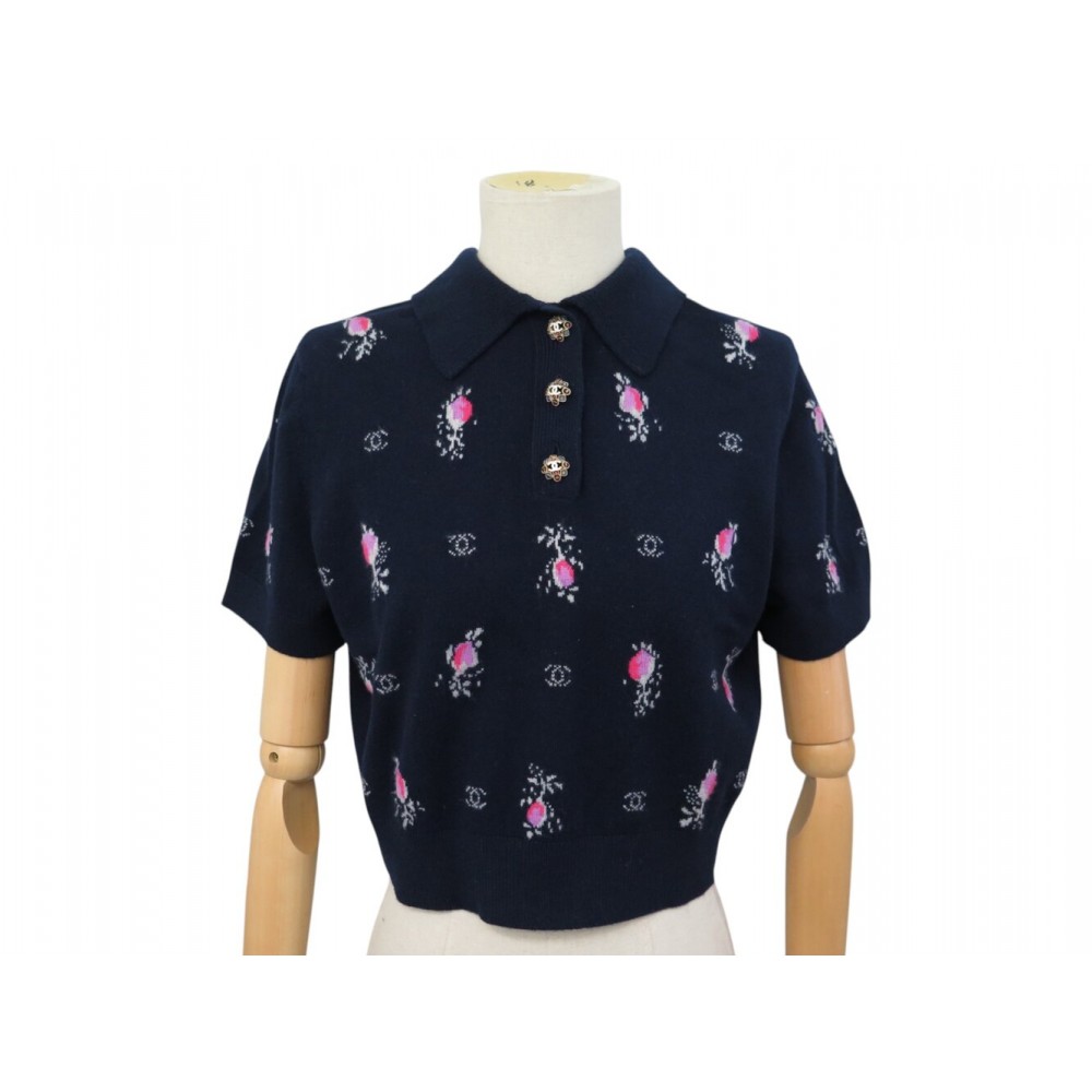 NEUF HAUT CHANEL POLO BOUTONS GRIPOIX M 38 P73882K10582 CACHEMIRE BLEU TOP 3100€