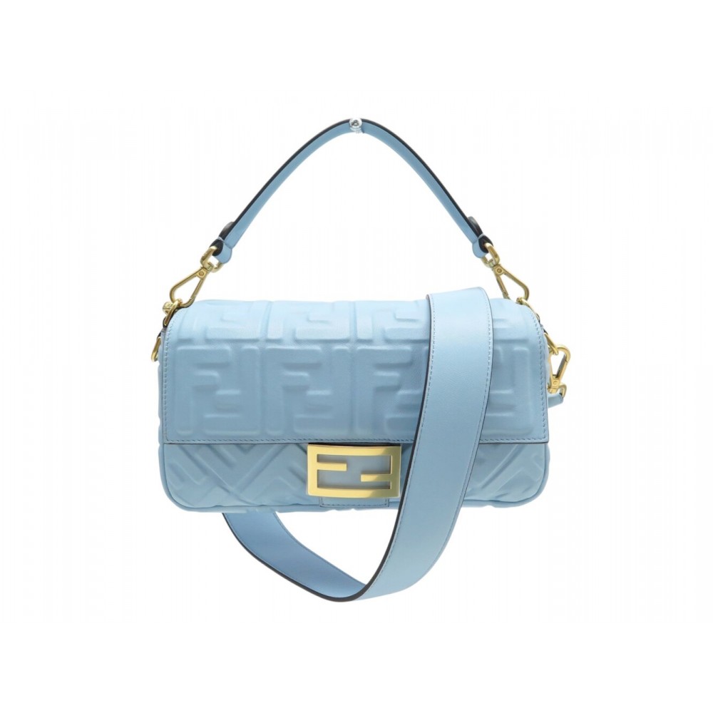 NEUF SAC A MAIN FENDI BAGUETTE EN CUIR LOGO FF 8BR600 BLEU BANDOULIERE BAG 3000€