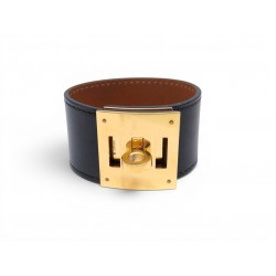 BRACELET HERMES KELLY DOG CUIR BOX NOIR & METAL DORE MANCHETTE BANGLE STRAP 715€