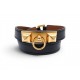 BRACELET HERMES RIVALE DOUBLE TOUR CUIR NOIR XS 15.5 CM METAL DORE BANGLE 755€