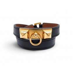 BRACELET HERMES RIVALE DOUBLE TOUR CUIR NOIR XS 15.5 CM METAL DORE BANGLE 755€