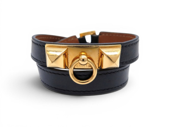 bracelet hermes rivale double tour cuir noir xs 15.5