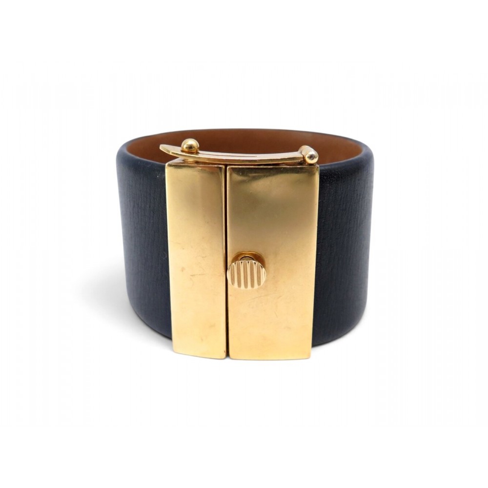 BRACELET CELINE MANCHETTE MINIMAL S 15CM EN CUIR NOIR METAL DORE LEATHER BANGLE