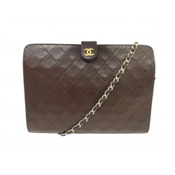 VINTAGE SAC A MAIN CHANEL LOGO CC 1985 CUIR MATELASSE MARRON BANDOULIERE HANDBAG