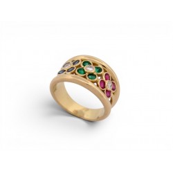 BAGUE MOTIF FLEUR DIAMANTS 0.15CT RUBIS EMERAUDE EN OR JAUNE 18K 8.3GR GOLD RING