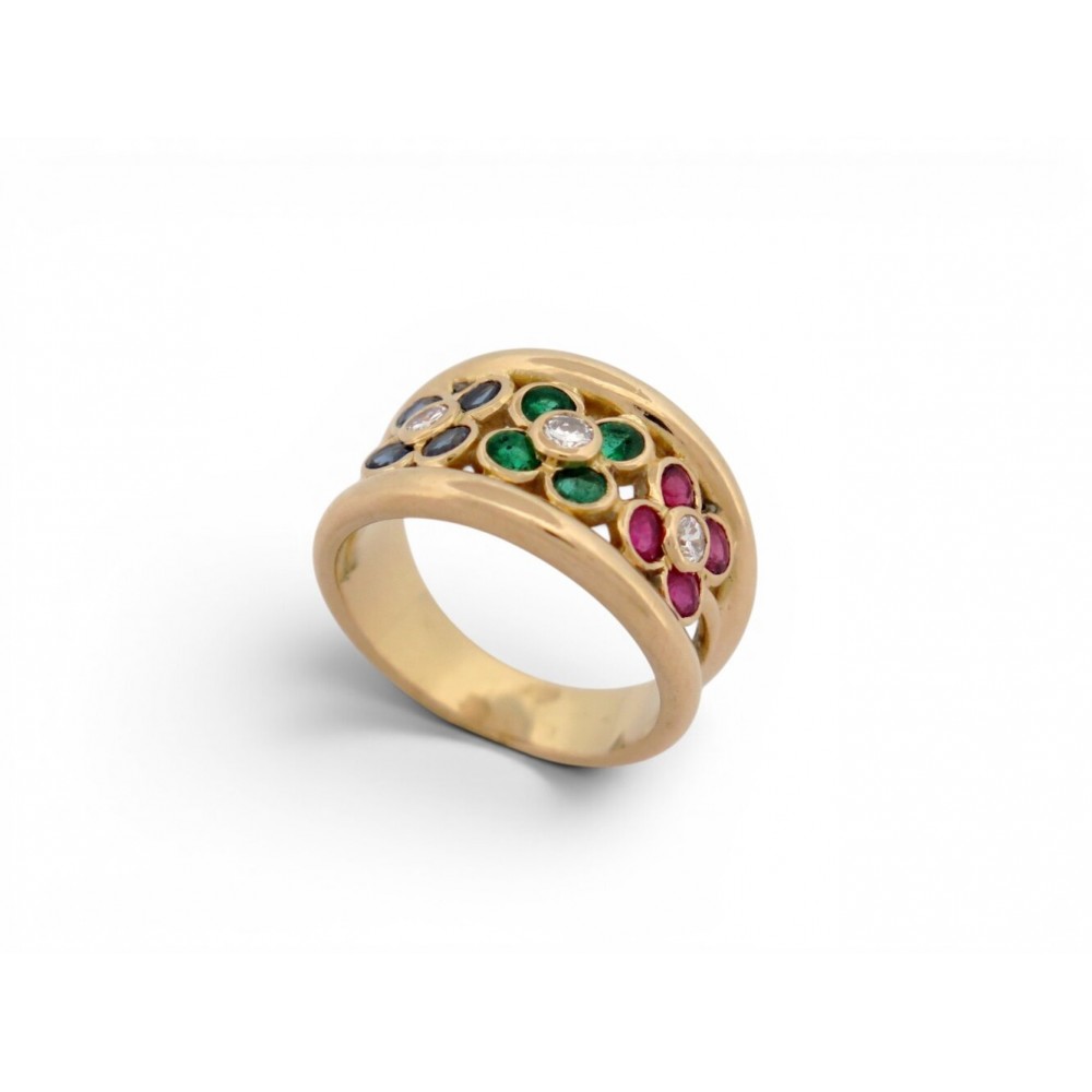 BAGUE MOTIF FLEUR DIAMANTS 0.15CT RUBIS EMERAUDE EN OR JAUNE 18K 8.3GR GOLD RING