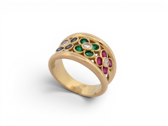 bague motif fleur diamants 0.15ct rubis emeraude en or