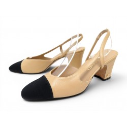 CHAUSSURES CHANEL SLINGBACKS G31318 35.5 CUIR & TOILE BICOLORE BEIGE SHOES 1060€