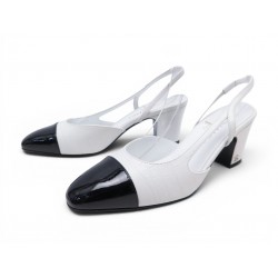 NEUF CHAUSSURES CHANEL SLINGBACKS G31318 CUIR CROCO BLANC & NOIR 39 SHOES 1060€