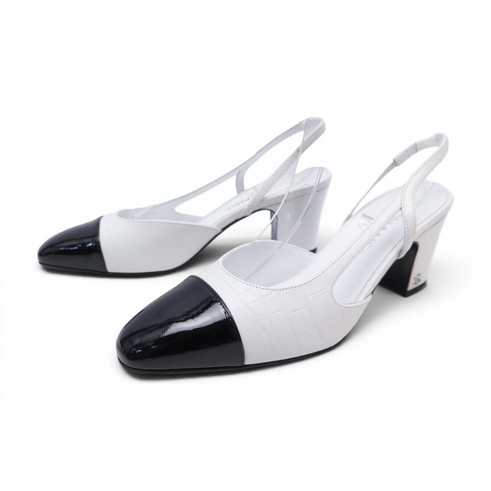 NEUF CHAUSSURES CHANEL SLINGBACKS G31318 CUIR CROCO BLANC & NOIR 39 SHOES 1060€