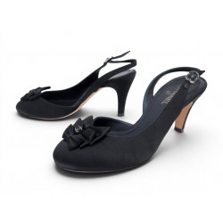 NEUF CHAUSSURES CHANEL SLINGBACKS NOEUD LOGO CC G28633 36 SATIN NOIR SHOES 1150€
