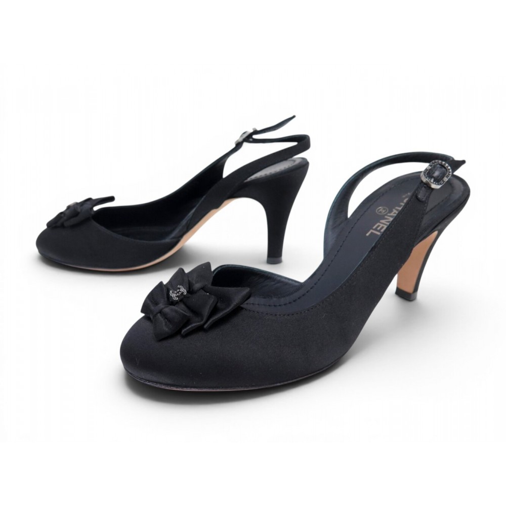 NEUF CHAUSSURES CHANEL SLINGBACKS NOEUD LOGO CC G28633 36 SATIN NOIR SHOES 1150€