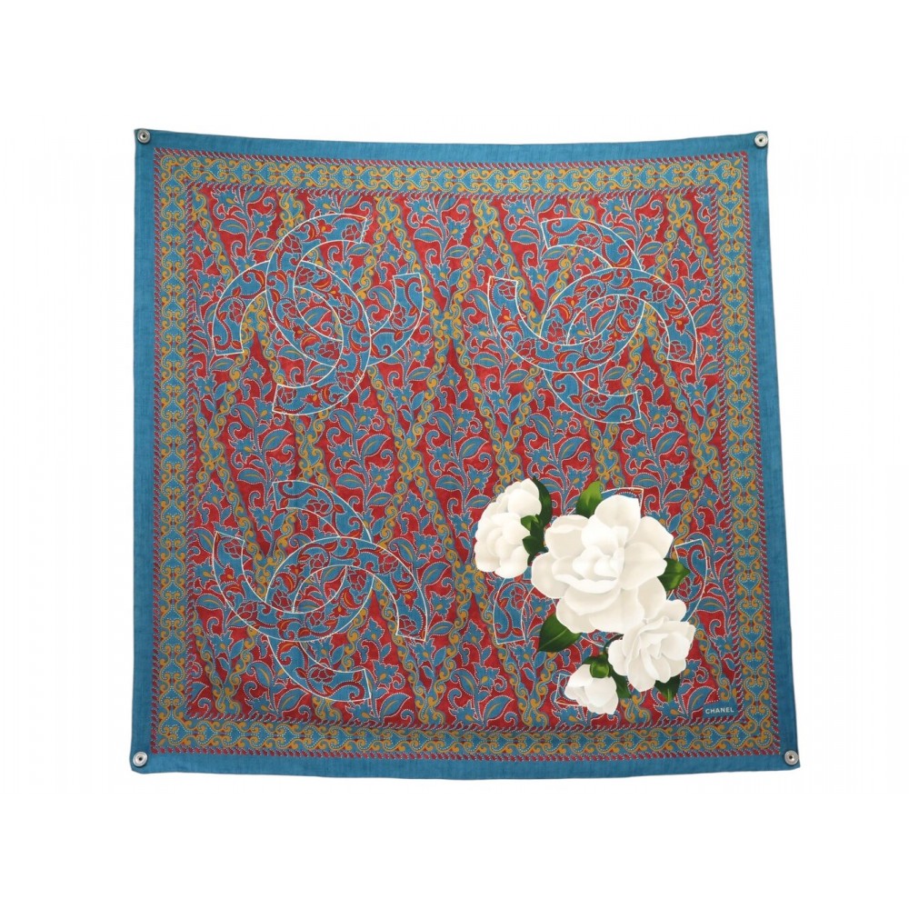VINTAGE FOULARD CHANEL LOGO CC CAMELIA CARRE 90 EN SOIE BLEUE SILK SCARF 630€