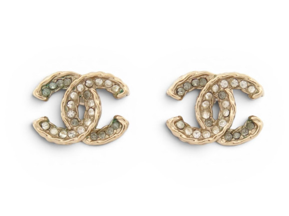boucles d'oreilles chanel logo cc strass en metal dore