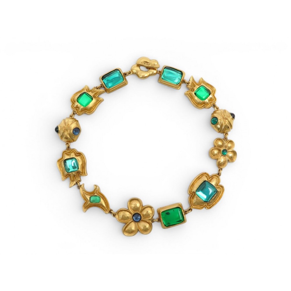NEUF VINTAGE COLLIER KENZO RAS DU COU FLEURS PATE DE VERRE DORE CHOKER NECKLACE