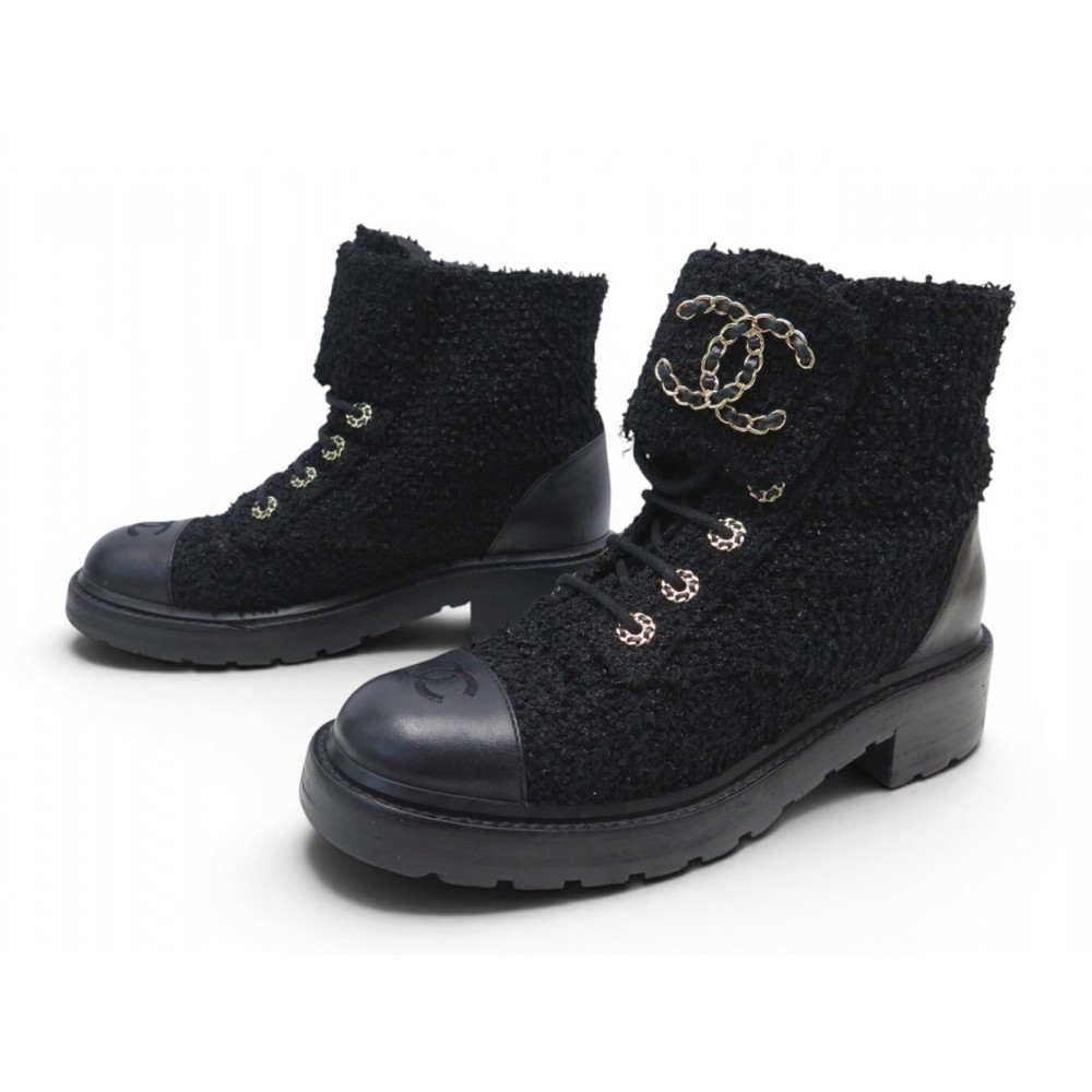 CHAUSSURES CHANEL RANGERS LACE-UP G36424 40 BOTTINES EN TWEED COMBAT BOOTS 2550€