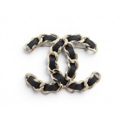 NEUF BROCHE CHANEL LOGO CC CUIR CHAINE ENTRELACEE METAL DORE GOLDEN BROOCH 820€