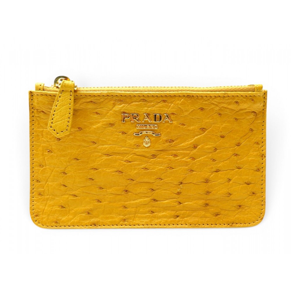 NEUF PORTE CARTES PRADA 1M1154 EN CUIR D'AUTRUCHE JAUNE SOLEIL CARD HOLDER 460€