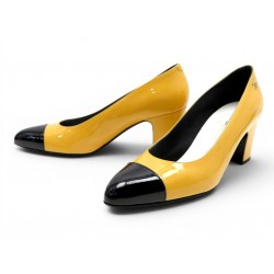 NEUF CHAUSSURES CHANEL ESCARPINS G45053 39 EN CUIR VERNIS BICOLORE SHOES 1100€