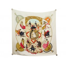 FOULARD HERMES PLAZA DE TOROS HUBERT DE WATRIGANT CARRE 90 SOIE BLANC SCARF 580€