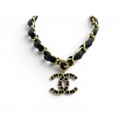 NEUF COLLIER CHANEL CHOKER LOGO CC CHAINE ENTRELACEE DORE ET CUIR NECKLACE 1390€