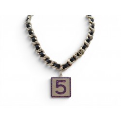 NEUF COLLIER CHANEL CHOCKER PLAQUE LOGO CC NUMERO 5 CUIR CHAINE METAL DORE 1390€